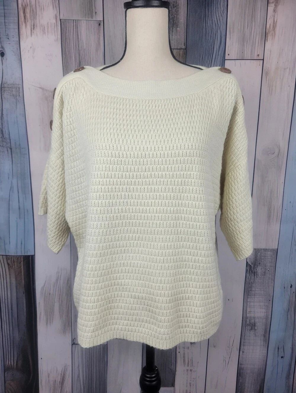 Anthropologie Isla Maude Winslow Button Boatneck Cream Sweater Short Sleeve Lg